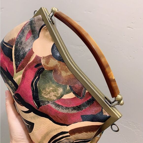 Abstract Print Genuine Cowhide Handmade Double Kisslock Bag with 2 Strap Styles - Picture 11 of 16